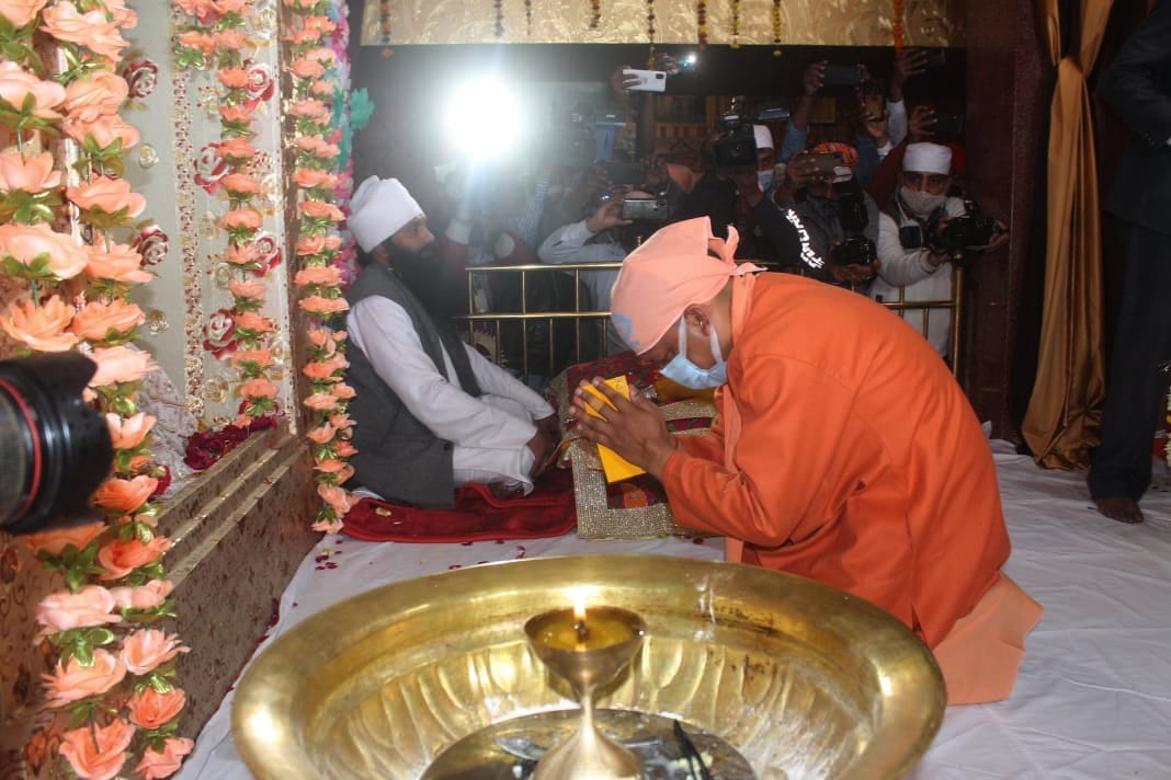 Uttar Pradesh chief minister Yogi Adityanath offers prayers at Ravidas Temple in Varanasi.