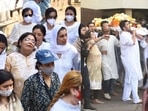 Rema Lahiri at Bappi Lahiri's last rites. (Varinder Chawla, left; Vijay Bate, right) Rema Lahiri at Bappi Lahiri's last rites. (Varinder Chawla, left; Vijay Bate, right)
