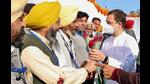 Congress leader Rahul Gandhi being welcomed by supporters during 'Navi Soch Nava Punjab' rally, ahead of the Punjab Assembly elections, in Fatehgarh Sahib district on Thursday. (PTI)