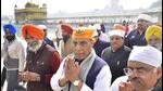 Union defence minister Rajnath Singh at Golden Temple in Amritsar on Thursday. He was in town to campaign for Amritsar Central BJP candidate Ram Chawla. (Sameer Sehgal/HT)
