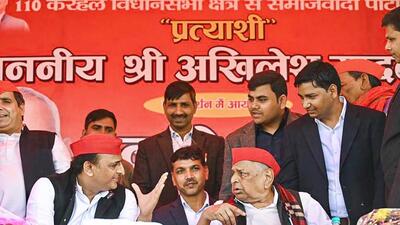 Samajwadi Party founder Mulayam Singh Yadav along with his son and party chief Akhilesh Yadav in Mainpuri’s Karhal on Thursday. (ANI) Samajwadi Party founder Mulayam Singh Yadav along with his son and party chief Akhilesh Yadav in Mainpuri’s Karhal on Thursday. (ANI)