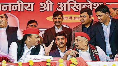 Samajwadi Party president Akhilesh Yadav and his father and party founder Mulayam Singh Yadav at a rally in Mainpuri district on Thursday. (PTI PHOTO) Samajwadi Party president Akhilesh Yadav and his father and party founder Mulayam Singh Yadav at a rally in Mainpuri district on Thursday. (PTI PHOTO)