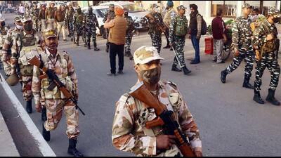 Paramilitary forces carrying out a flag march in Patiala ahead of the Punjab polls. (ANI) Paramilitary forces carrying out a flag march in Patiala ahead of the Punjab polls. (ANI)