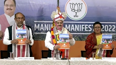 Bharatiya Janata Party (BJP) National President J.P. Nadda (C), Manipur Chief Minister N. Biren Singh (L) and others release the party's manifesto for the Manipur Assembly elections, in Imphal on Thursday. (ANI) Bharatiya Janata Party (BJP) National President J.P. Nadda (C), Manipur Chief Minister N. Biren Singh (L) and others release the party's manifesto for the Manipur Assembly elections, in Imphal on Thursday. (ANI)