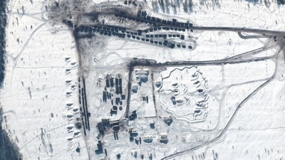 A satellite image shows battle group equipment at the Kursk training area, Russia. (Maxar Technologies/Handout via Reuters)