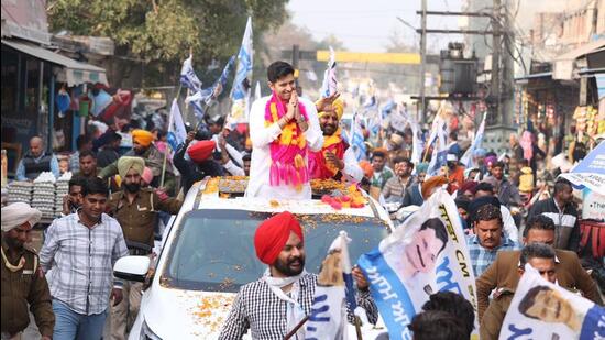 Aam Aadmi Party leader Raghav Chadha during a road show in Ferozepur on Thursday. (HT Photo)