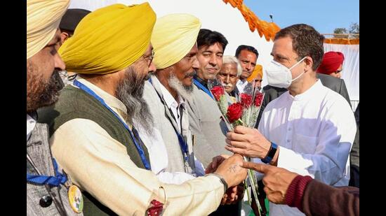 Congress leader Rahul Gandhi being welcomed by supporters during 'Navi Soch Nava Punjab' rally, ahead of the Punjab Assembly elections, in Fatehgarh Sahib district on Thursday. (PTI) Congress leader Rahul Gandhi being welcomed by supporters during 'Navi Soch Nava Punjab' rally, ahead of the Punjab Assembly elections, in Fatehgarh Sahib district on Thursday. (PTI)