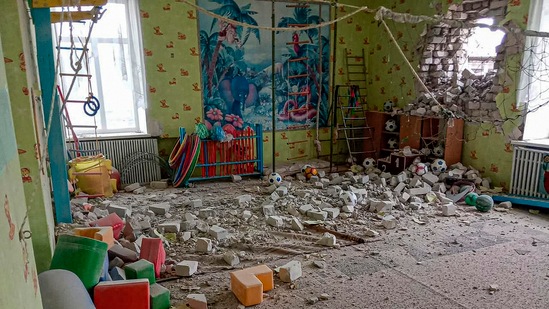 A kindergarten building after alleged shelling by separatists forces in Stanytsia Luhanska, eastern Ukraine. (AP)