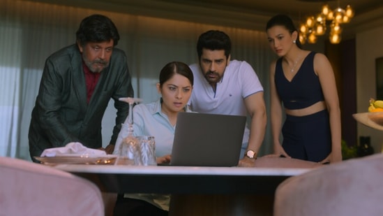 Mithun Chakraborty, Sonalee Kulkarni, Arjan Bajwa and Gauahar Khan in a scene from Bestseller