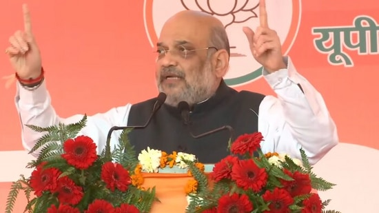 Union Home Minister Amit Shah addressing an election rally in Uttar Pradesh.