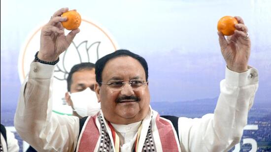 Bharatiya Janata Party national president during the release of the party's manifesto for the Manipur Assembly Election, in Imphal on Thursday. (ANI)