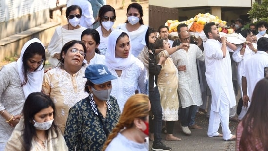 Rema Lahiri at Bappi Lahiri's last rites. (Varinder Chawla, left; Vijay Bate, right)