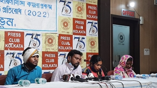 Representatives of the affected communities speak at a press conference in Kolkata, February 8, 2022(Birbhum Jomi, Jeebon, Jeebika O Prokriti Bachao Mahasabha)