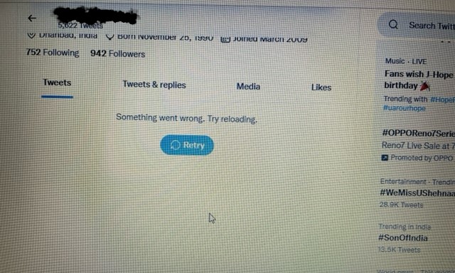 Twitter users were unable to view their profiles&nbsp;(Twitter screenshot)