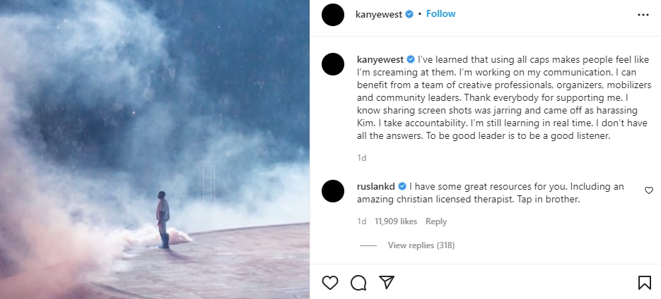 Kanye West apologizes to Kim on social media.