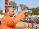 UP Chief Minister Yogi Adityanath addresses a public meeting for the state assembly elections.(PTI)