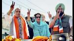 Union minister Rajnath Singh during a roadshow with Capt Amarinder Singh in Patiala on Friday.