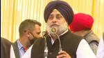 SAD president Sukhbir Badal addressing a public meeting in Abohar on Friday. He charged that if voted to power, AAP will work for SYL construction. (HT Photo)