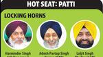 SAD’s Adesh Partap Singh Kairon and Congress’ Harminder Singh Gill are their respective parties’ candidates once for the February 2022 elections from Patti. However, this time AAP’s greenhorn Laljit Singh Bhullar has been giving them a tough fight. (HT Graphics)