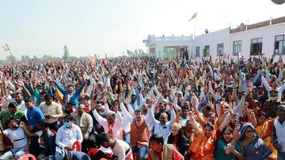BJP supporters at a public rally in Shikohabad, UP on Thursday. (ANI) BJP supporters at a public rally in Shikohabad, UP on Thursday. (ANI)