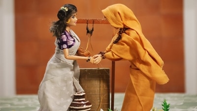 This tableau is based on a Malayalam poem by Kumaran Asan. It depicts Chandalabhikshuki, a lower-caste beggar, asking Upagupta, one of Buddha’s disciples, for water. It’s not easy to get it all just right, Devaki says. It can take up to two weeks to perfect a scene. (Photo courtesy: S Devaki) This tableau is based on a Malayalam poem by Kumaran Asan. It depicts Chandalabhikshuki, a lower-caste beggar, asking Upagupta, one of Buddha’s disciples, for water. It’s not easy to get it all just right, Devaki says. It can take up to two weeks to perfect a scene. (Photo courtesy: S Devaki)