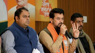 Union Minister of information and broadcasting Anurag Thakur addressing a press conference, at the BJP headquarters, in Chandigarh on Friday. He alleged that Kejriwal has adopted a divisive agenda in desperation to grab power in Punjab. (ANI) Union Minister of information and broadcasting Anurag Thakur addressing a press conference, at the BJP headquarters, in Chandigarh on Friday. He alleged that Kejriwal has adopted a divisive agenda in desperation to grab power in Punjab. (ANI)