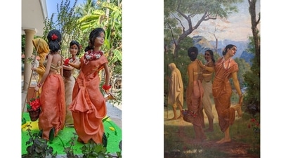 In this tableau, Raja Ravi Varma’s 1898 painting Shakuntala is recreated, with a doll leaning backwards to take a thorn from her heel, as she looks over her shoulder for her lover. As in the painting, Devaki’s Shakuntala is wearing an orange sari, wreaths of flowers around her neck, wrist and hair, and is accompanied by two friends. (Photo courtesy: S Devaki) In this tableau, Raja Ravi Varma’s 1898 painting Shakuntala is recreated, with a doll leaning backwards to take a thorn from her heel, as she looks over her shoulder for her lover. As in the painting, Devaki’s Shakuntala is wearing an orange sari, wreaths of flowers around her neck, wrist and hair, and is accompanied by two friends. (Photo courtesy: S Devaki)