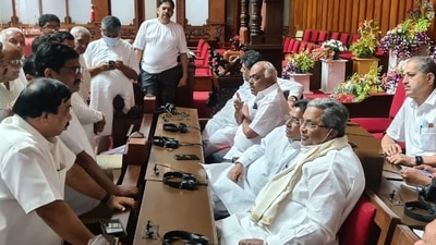 Karnataka: Congress MLAs continued their protest over “saffron flag” remark. (Karnataka Congress Twitter ) Karnataka: Congress MLAs continued their protest over “saffron flag” remark. (Karnataka Congress Twitter )