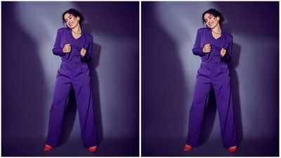 Sanya played muse to the fashion designer house Layrrd and picked a blue pant suit for the promotions. (Instagram/@sanyamalhotra_)
