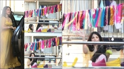 Actor Rhea Chakraborty laid fashion goals for being a stunning bridesmaid in a deep neck golden flared lehenga with strappy choli. Leaving her wavy tresses open down her back in mid-parted hairstyle, Rhea accessorised her look with a set of silver bangles and a pair of silver earrings.&nbsp; (Instagram/ewood_ent/nari.kesari1)