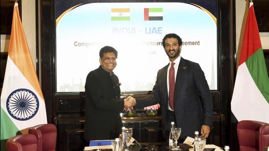 Union Commerce and Industry Minister Piyush Goyal with UAE’s Economy Minister Abdulla bin Touq Al-Mari during a meeting on the Comprehensive Economic Partnership Agreement, in New Delhi on Friday. (PTI PHOTO.)