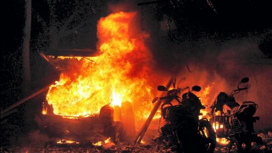 Vehicles on fire after the serial bomb blasts in Ahmedabad, Gujarat. (PTI/File)