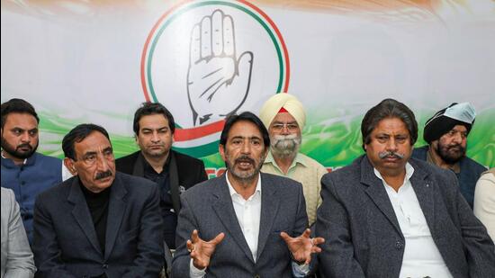 J&K Congress chief GA Mir along with party leaders addressing a press conference in Jammu on Friday. (PTI) J&K Congress chief GA Mir along with party leaders addressing a press conference in Jammu on Friday. (PTI)