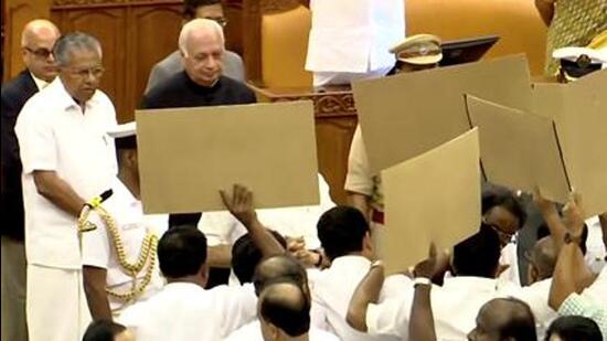 As soon as Kerala Governor Arif Mohammad Khan entered the assembly, opposition members greeted him with “go back” slogans but he continued with his speech on Friday. (ANI PHOTO.)