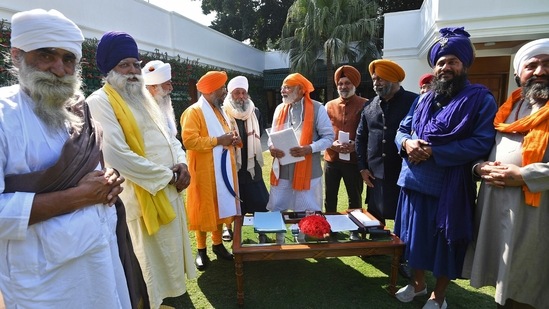 Prime Minister Narendra Modi meets with Sikh Delegation, at Lok Kalyan Marg, in New Delhi on Friday. (ANI Photo)