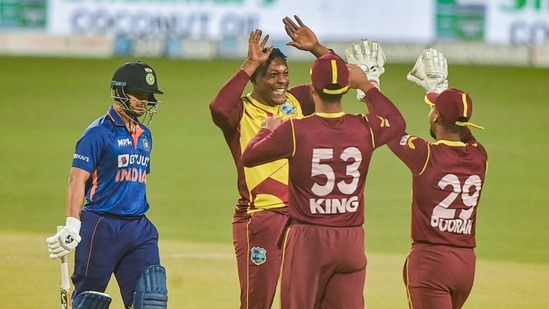 Kolkata: West Indies bowler Sheldon Cottrell celebrates the dismissal of Indian batter Ishan Kisan, during the 2nd T20 cricket match at Eden Garden, in Kolkata, Friday, Feb. 18, 2022.(PTI)