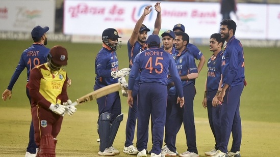 Indian bowler Yuzvendra Chahal celebrates after dismissing West Indies batsman Kyle Mauers during 2nd T20 match against West Indies, at Eden Garden in Kolkata, Friday, Feb. 18, 2022.&nbsp;(PTI)