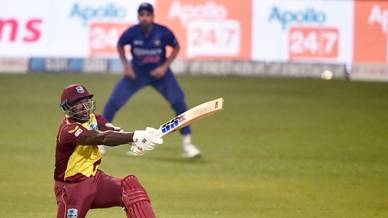West Indies batsman Rovman Powell plays a shot during 2nd T20 cricket match against India at Eden Garden in Kolkata, Friday, Feb. 18, 2022.(PTI)