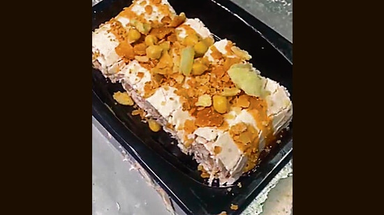 Gol-gappa ice cream roll garnished with aalu masala.