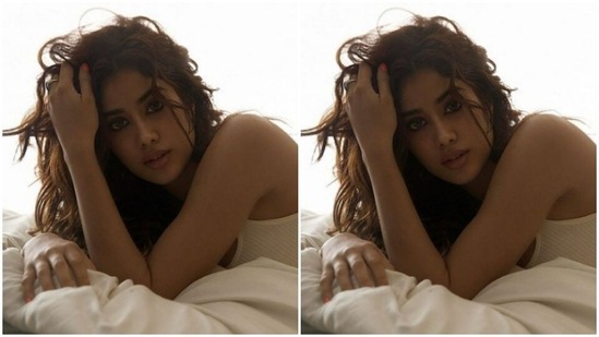 Janhvi Kapoor posed for a woke up like this kinda photoshoot in a white attire, surrounded by white sheets on a bed.(Instagram/@janhvikapoor)