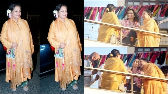 Shabana Azmi slew yesteryear charms in an orange kurta and a pair of green palazzo pants along with an organza dupatta that sported floral prints to enhance its look. Pulling back her luscious tresses into a side bun adorned with gajra, Shabana completed her attire with a pair of silver bellies and a multicoloured potli. (Instagram/htcity)