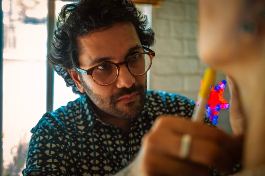 For three years, Shomil Shah, 39, a former graphic designer, has been researching and archiving traditional Indian tattoo patterns. He became obsessed with the art form after getting his first tattoo in London, in 2018. (Viraj Singh)