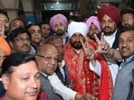 Punjab chief minister Charanjit Singh Channi (centre) campaigning for Mansa Congress candidate and Punjabi singer Shubhdeep Singh, Sidhu Moosewala (in maroon turban) on Friday evening. (Facebook)
