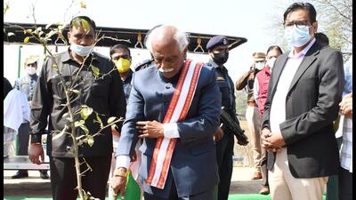 Haryana governor Bandaru Dattatreya waters a plant at the Sultanpur National Park in Gurugram on Saturday. . (Sourced) Haryana governor Bandaru Dattatreya waters a plant at the Sultanpur National Park in Gurugram on Saturday. . (Sourced)