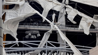 This is a picture of the wind-damaged sections of the roof of The O2 Arena, formerly the Millennium Dome. (AFP) This is a picture of the wind-damaged sections of the roof of The O2 Arena, formerly the Millennium Dome. (AFP)