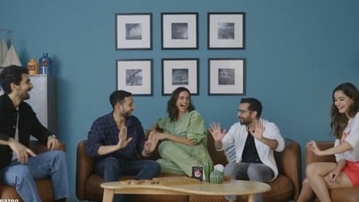 The cast of Gehraiyaan and director Shakun Batra laughing at bloopers from the film's shoot. The cast of Gehraiyaan and director Shakun Batra laughing at bloopers from the film's shoot.