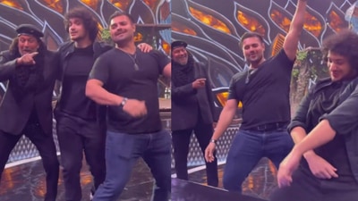 Mithun Chakraborty dances to I Am A Disco Dancer with sons Mimoh Chakraborty and Namashi Chakraborty.