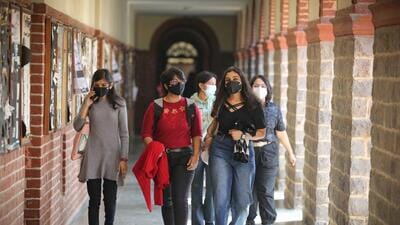Students at Miranda House in Delhi University after it reopened on Thursday. (Sanchit Khanna/HT)