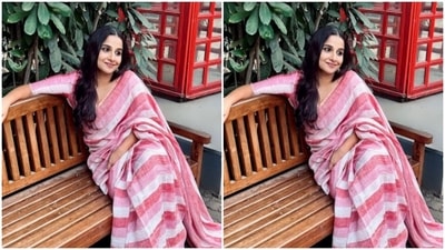 Vidya's cotton saree came in stripes of light pink and white. She teamed it with a long-sleeved blouse of the same fabric and colour. (Instagram/@balanvidya)