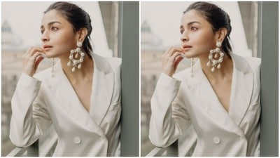Alia aced the formal look by pairing her outfit with statement pearl earrings and minimal makeup. (Instagram/@aliaabhatt)